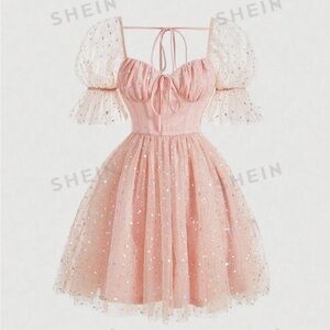 Sweetheart Neck Ruched Bust Puff Sleeve Mesh Dress